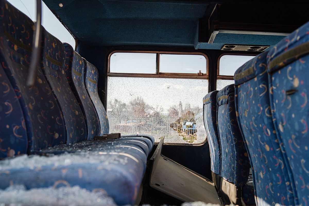 Interior Seats With Broken Windows Of The Wrecked Bus Car Accide